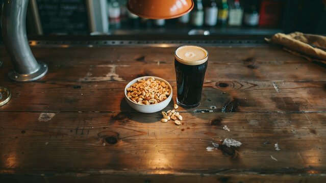 Dark beer in a glass alongside a bowl of peanuts on a rustic wooden bar counter