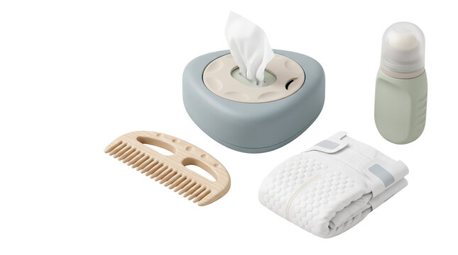 Minimalist baby care set with wet wipes dispenser and diaper, infant hygiene products in pastel colors, nursery grooming accessories isolated PNG with Transparent Background