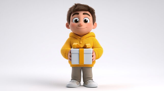 A Young Boy with a Gift: A cheerful animated boy, dressed in a yellow hoodie, stands and holds a gift box, conveying a sense of joy and anticipation.