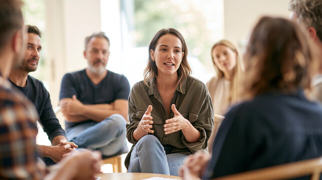 Young woman confidently speaking in a group discussion, sharing ideas and collaborating with diverse people during a meeting