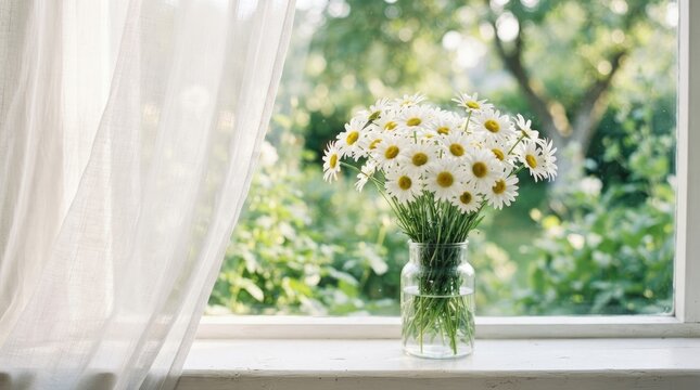 A beautiful bouquet of white daisies sitting on a bright windowsill for world mental health day representing peace tranquility mindfulness and positive emotional wellness at home