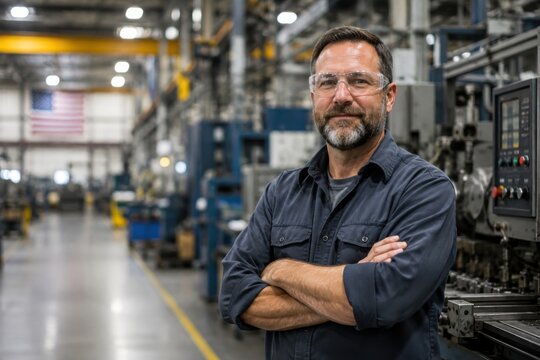 Confident male engineer crossing arms in modern industrial facility. Skilled factory worker posing in manufacturing plant with machinery.