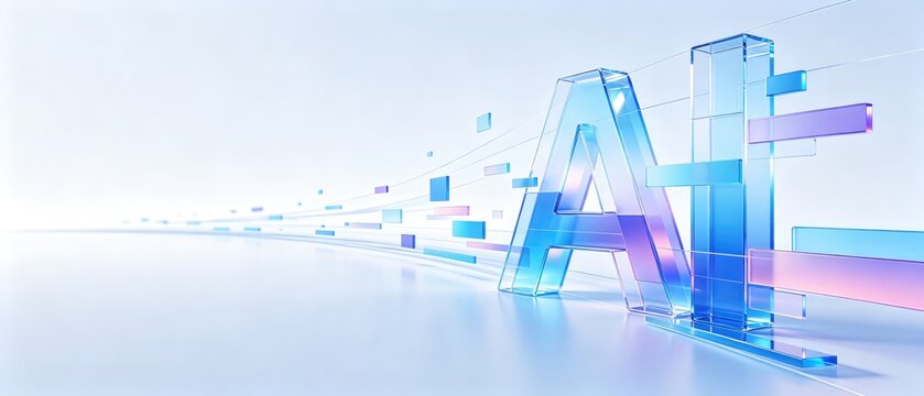 Transparent glass AI letters with flowing digital panels, idea for artificial intelligence presentation banner and technology innovation header