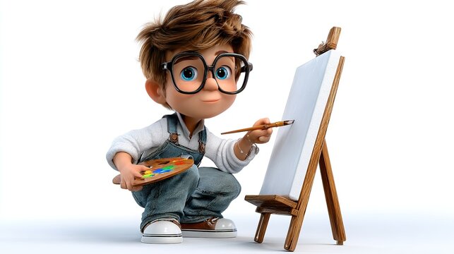 Artistic Endeavor: A young boy with glasses and a painter's palette in hand, intently focuses on his canvas, ready to bring his imagination to life through art.