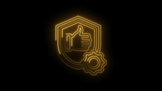 Glowing golden neon shield with thumbs up icon and gear symbol on black background abstract