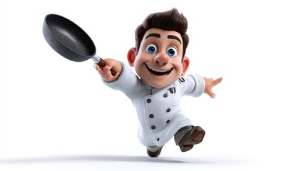 Obraz premium Happy Chef with Frying Pan: A cheerful, cartoon-style chef in a crisp white uniform leaps forward, brandishing a frying pan with a mischievous grin, ready to whip up a culinary masterpiece.