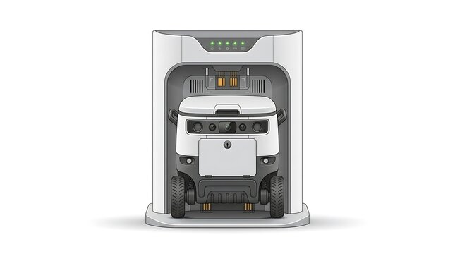 Autonomous robot at charging station. Modern delivery droid docked for battery power recharge.