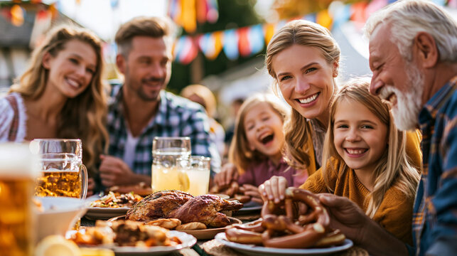 Happy multi generation family enjoying food and drinks at an outdoor festival, celebrating togetherness and tradition