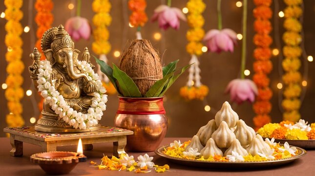 Ganesh Chaturthi gradient with modak sweets, sacred kalash, lotus flowers and glowing lights, festive devotional mood