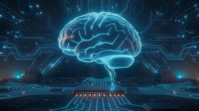 A glowing digital brain pulsing with neural energy seamlessly integrating with futuristic technology concept