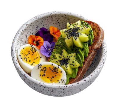 Avocado toast bowl with eggs and edible flowers, PNG transparent background