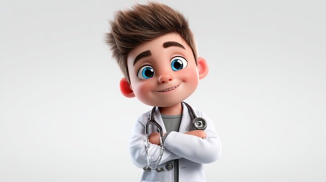Animated Young Doctor with Stethoscope: A charming 3D animated boy dressed as a doctor, wearing a white coat and stethoscope, with a confident and friendly expression, ready to help
