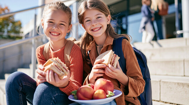 Happy schoolgirls friends enjoying healthy lunch outdoors, eating sandwiches and apples during break time