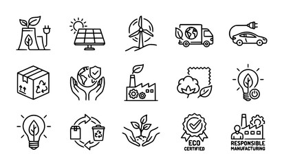 Fototapeta premium Green Energy and Ethical Production Monoline Icons Sustainable Ecology Vector Pack