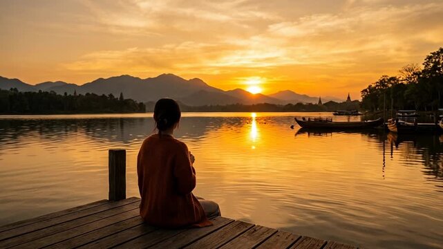Silhouette of a woman holding a drink, sitting on a dock, gazing at a serene sunset over a lake