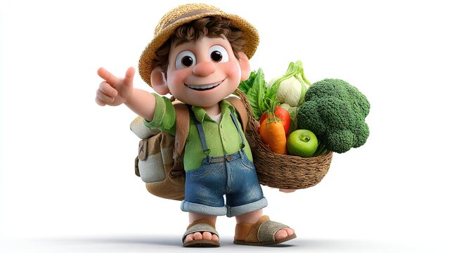 Happy Farmer Boy with Basket of Fresh Vegetables