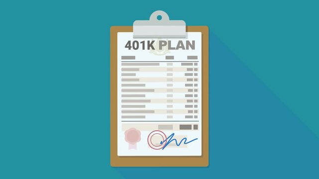 Animated clipboard holding a 401K retirement plan document being signed and stamped, symbolizing approved pension agreement and financial security.