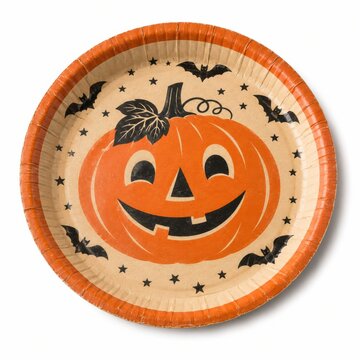 Handmade Halloween pumpkin paper plate craft for kids party. Orange jack-o-lantern face decoration with black bats and spooky eyes for autumn celeb...