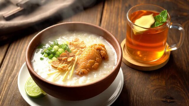 Bowl of rice porridge with fried chicken on a wooden table