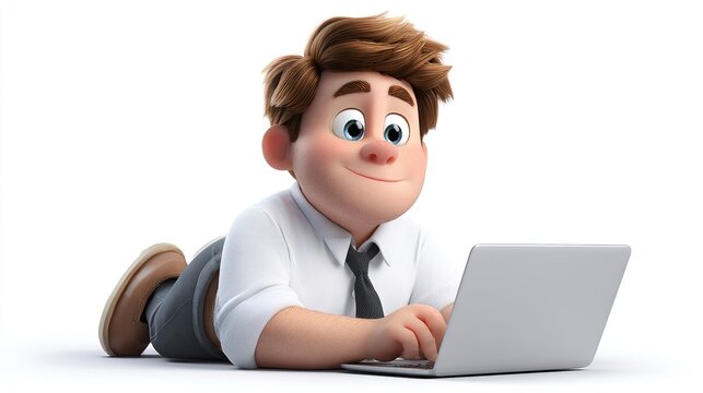Young Man Working on Laptop: A charming animated character, a young man in a white shirt and tie, lies on the floor with a laptop, typing with a cheerful expression.