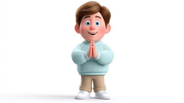 Cute Cartoon Boy Prayer: A charming animated boy with a friendly smile clasps his hands together in prayer or a gesture of greeting, wearing a cozy sweater and casual pants.