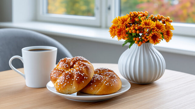 Freshly baked bagels with sesame seeds on a white plate beside a cup of coffee and a vase of orange flowers on a wooden table near a window with natural light