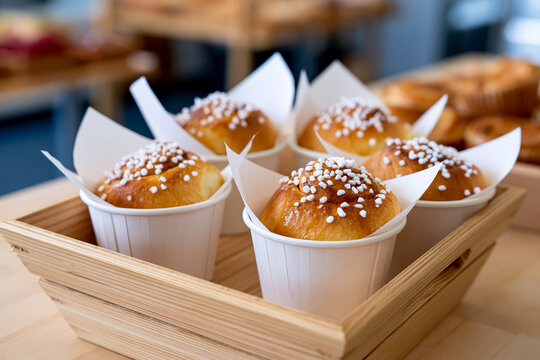 Freshly baked sweet muffins topped with sugar sprinkles in white paper cups arranged in a wooden basket on a light wooden table in a bakery setting