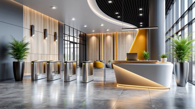 Modern corporate office lobby featuring a stylish reception desk, automatic security gates, and elegant interior design