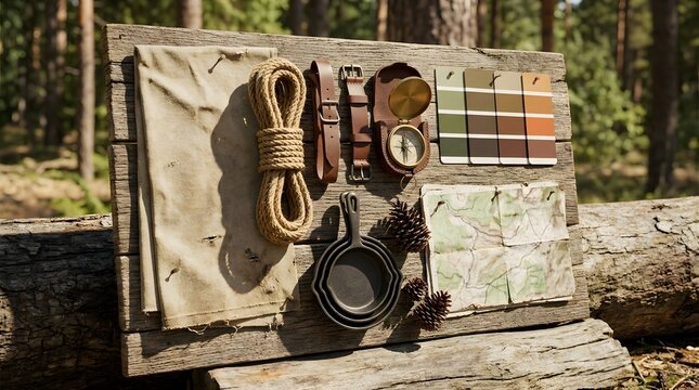 Outdoor adventure flat lay with camping essentials: vintage compass, topographic maps, rope, cast iron pans, and color palette on a rustic wooden board.