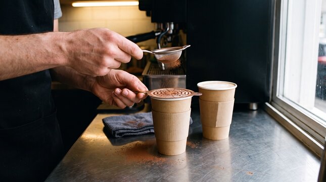 Barista dusting cocoa spiderweb pattern on Halloween latte