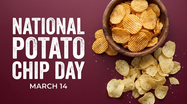 National Potato Chip Day banner for March 14, crispy golden potato chips in wooden bowl, salty snack food background on maroon surface