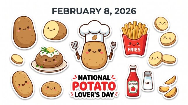 National Potato Lover's Day sticker set for February 8 2026, cute kawaii potato characters, cartoon food icons with chef hat and french fries