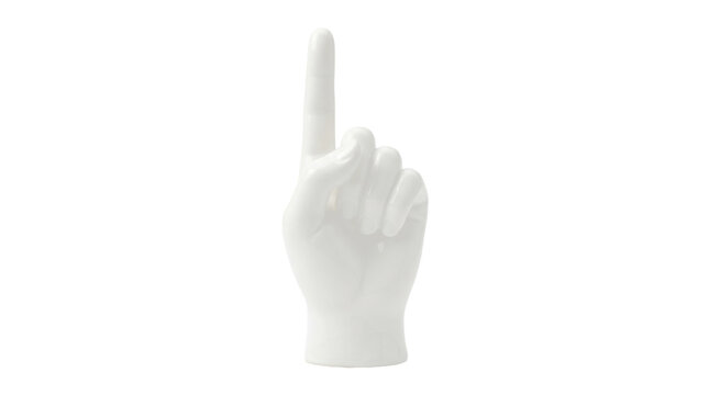 White ceramic sculpture of a hand with index finger pointing upward on isolated background
