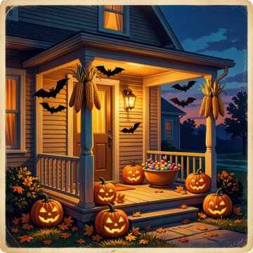Halloween haunted house porch decorated with pumpkins and bats. Spooky autumn night scene with glowing jack-o-lanterns and festive fall decor.