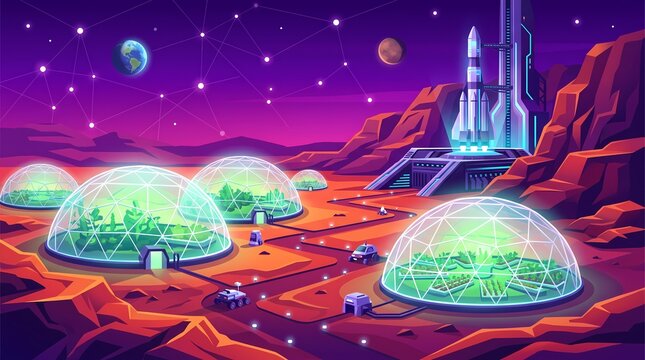 Mars colony base with glass domes greenhouses space rocket launchpad and rovers space colonization concept