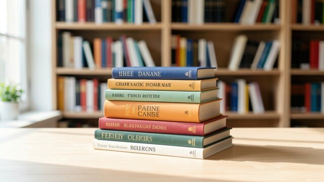 flat lay of stacked colorful hardcover books on light wood surface with blurred library background ideal for education marketing inspiration