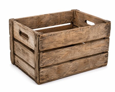 Empty wooden crate for storage and shipping. Rustic industrial box with sturdy slats for packaging and transport solutions.