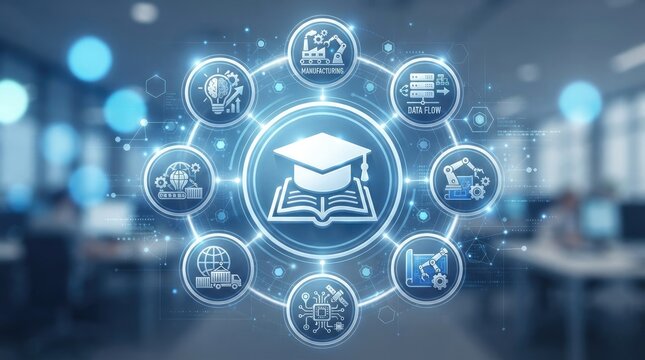 Digital education icons surrounding a graduation cap and book symbol representing knowledge and learning growth for world mental health day in a modern office background