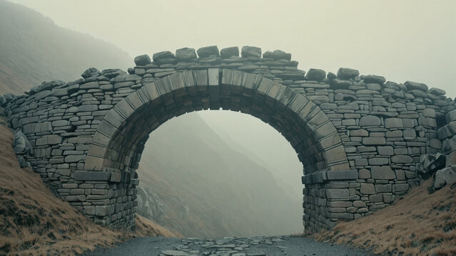 An ancient stone arch bridge standing in a misty mountain landscape