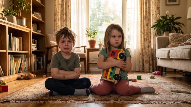 Two children sitting on floor in living room, looking upset over toy  