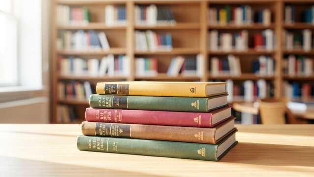 organized stack of diverse textbooks on light oak desk with soft library bokeh background for education marketing