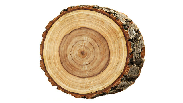 Circular Cross Section of a Natural Tree Trunk Segment Isolated on White Background