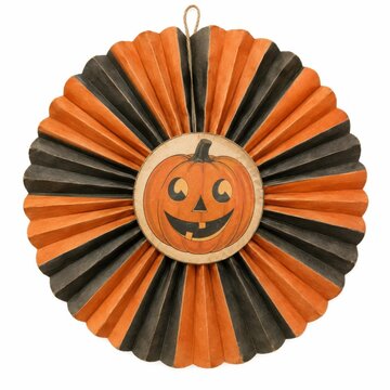 Handmade Halloween pumpkin decoration with smiling jack-o-lantern face. Festive autumn wreath featuring orange and black fabric strips for seasonal...