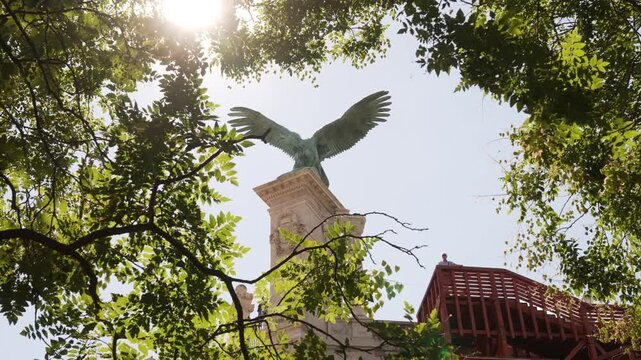 Turul bird statue from below Budapest Hungary sunny summer day