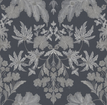 Grey Monochrome Victorian Damask Floral Seamless Pattern on Slate Background