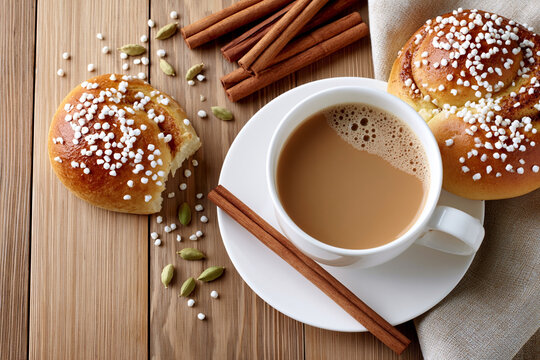 Freshly brewed coffee in a white cup with cinnamon sticks, cardamom seeds, and sweet buns topped with sugar pearls on a wooden table