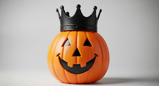 Halloween Jack O Lantern Pumpkin Wearing Black Crown Pumpkin King Concept Isolated Studio Render on Light Gray Background