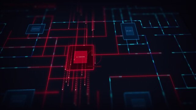 Futuristic digital circuit board graphic showing glowing red corrupted processor microchip during cyber attack, high-angle perspective view of binary code streams in dark cyberspace setting.