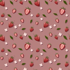 Seamless pattern featuring hand-drawn whole strawberries, cut halves, white blossoms, and green leaves over a dusty rose background. Perfect for apparel, kitchen tex © rattanaporn