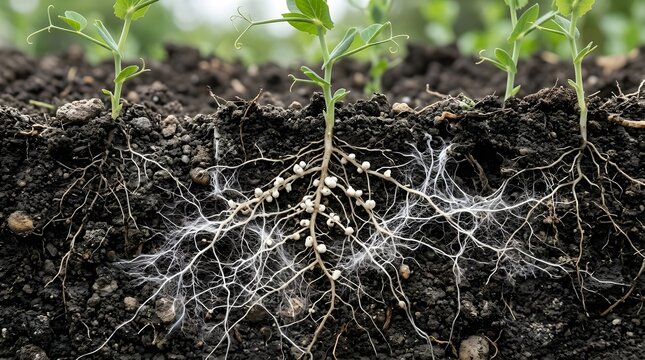 Cross-section of pea plants in fertile dark soil showing root systems with nitrogen-fixing nodules and white mycelium network underground in an agricultural field environment.